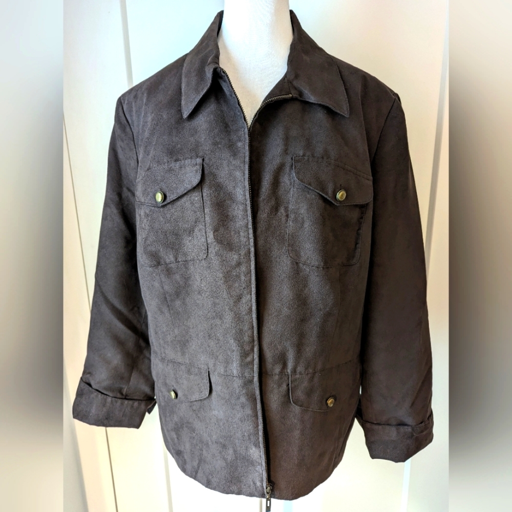 Evan-Picone women's size 16W blazer jacket dark brown zipper pockets